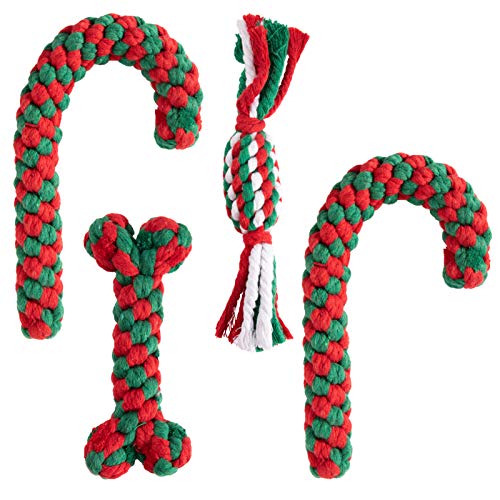 MEWTOGO 4 Pcs Dog Rope Toy- Christmas Candy Cane Rope Chew Toy Durable ...